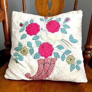 Quilted Throw Pillow Hand Made 70’s Cottage Granny 15” Vintage Ruffles Flowers
